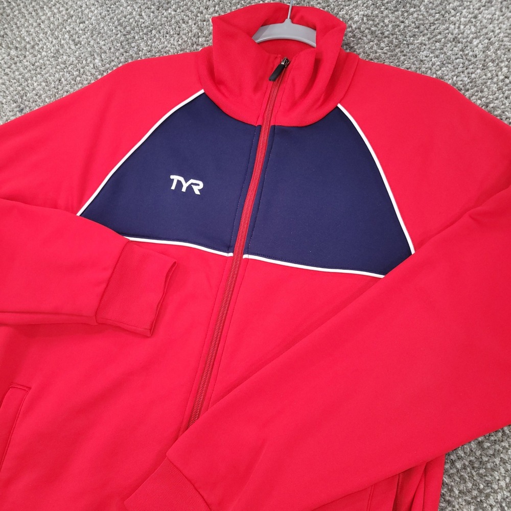 TYR Mens Track Jacket Red Navy Blue Full Zip Mock Neck Activewear Size Medium